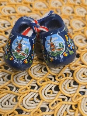 Blue Miniature Wooden Clog Shoes with Windmill Print. Great For Decoration.